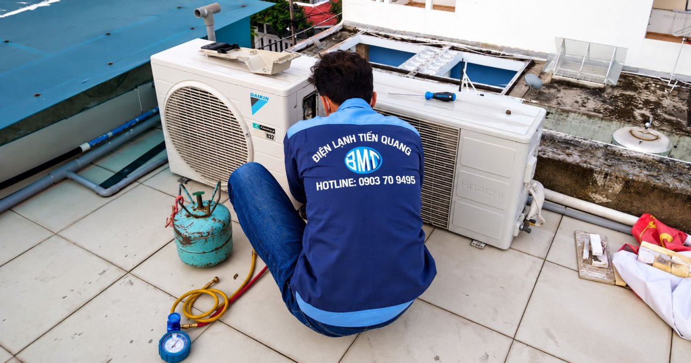 Thợ điện lạnh tại điện lạnh BMT đăng kiểm tra và bơm gas máy lạnh Daikin